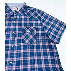 Flag & Anthem Desert Son Shirt Men XXL Blue Pink Tartan Pearl Plaid Snap